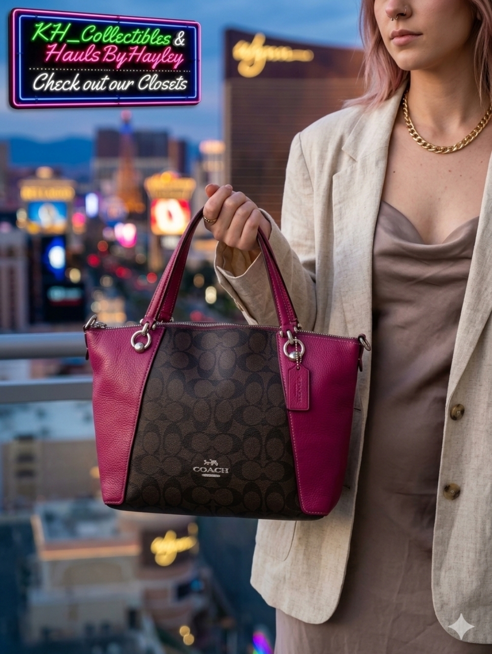 2023 Coach Kacey Satchel Signature Canvas Colorblock Brown Bright Violet NWT